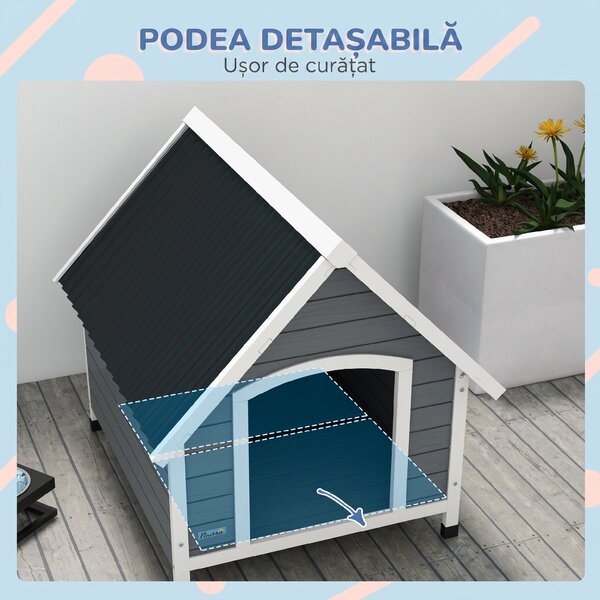 PawHut Cușcă pentru Câini, Casă din Lemn pentru Câini cu Podea Detașabilă, Adăpost pentru Animale de Companie cu Lemn Anticoroziv, 84x99x87 cm, Gri
