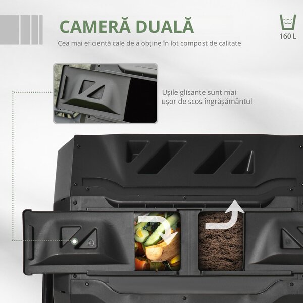 Outsunny Compostor Domestic de Grădină și Balcon din Plastic, Recipient Rotativ pentru Compost, 71x64x96 cm, Negru | Aosom Romania
