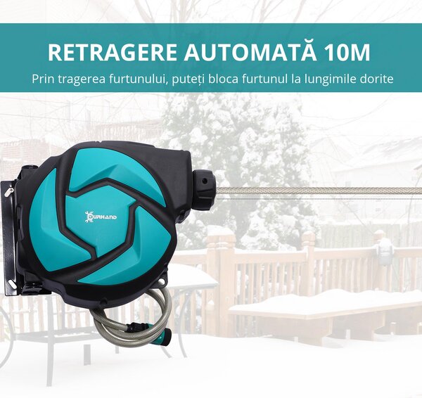 DURHAND Rola pentru tub de apa de Gradina Automat cu Fixaj pe Perete cu Tub de 10m, 28x14x34cm | Aosom Romania