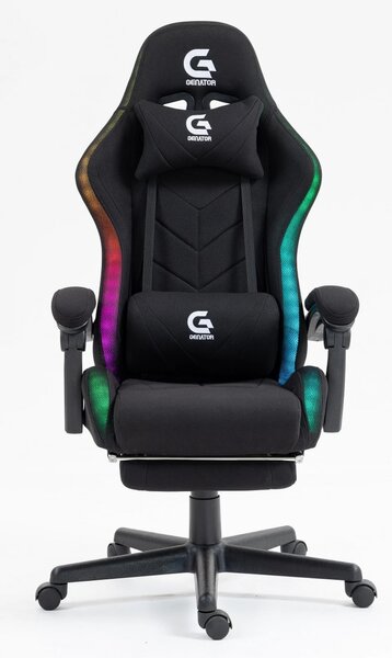 Scaun gaming cu masaj în perna lombară, sistem iluminare bandă LED RGB, suport picioare, material textil, Negru