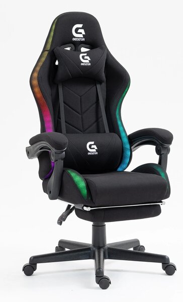 Scaun gaming cu masaj în perna lombară, sistem iluminare bandă LED RGB, suport picioare, material textil, Negru