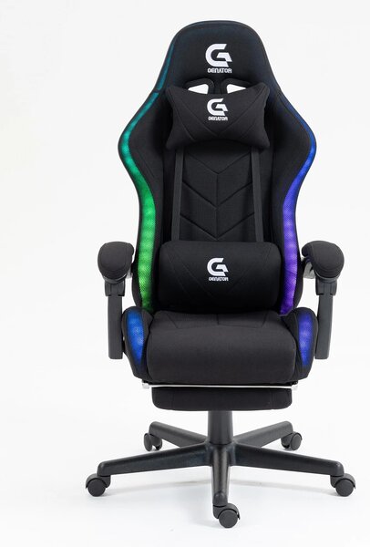 Scaun gaming cu masaj în perna lombară, sistem iluminare bandă LED RGB, suport picioare, material textil, Negru