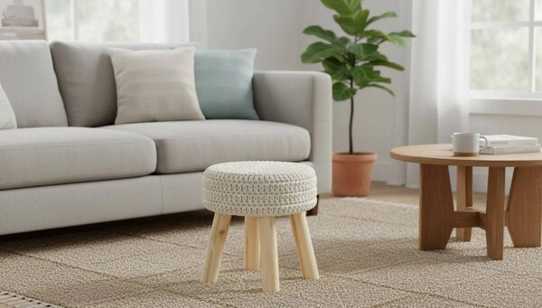 Taburet NAIDA, bej/stejar, material textil/lemn, 28x28x40 cm
