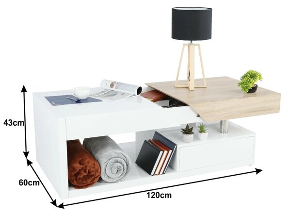 Masuta cafea MELIDA, alb/stejar sonoma, 120x60x43 cm