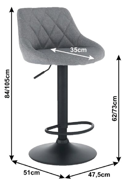 Scaun bar TERKAN, gri/negru, stofa clasica/otel, 48x51x84/105 cm