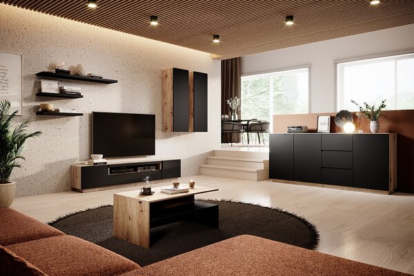 Comodă TV Loftia 200 cm cu două uși și nișă - artisan / negru mat