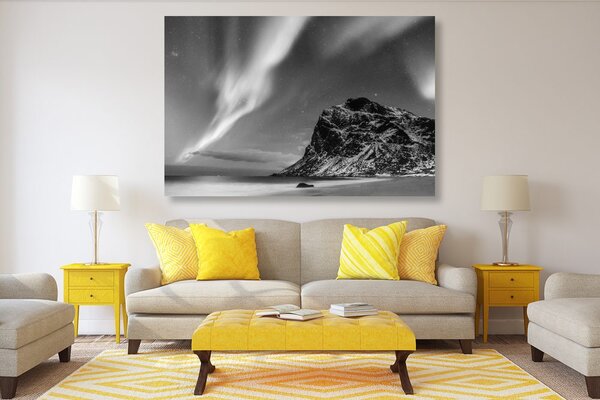 Tablou aurora polară în Norvegia în design alb-negru