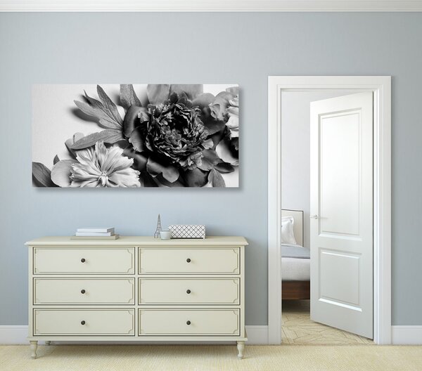 Tablou bujori în design alb-negru