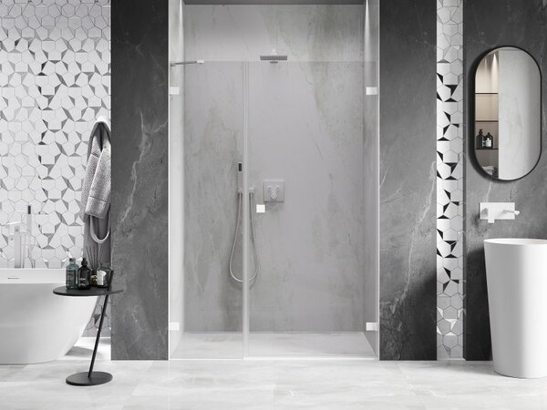Ușă de duș Mexen Lunar-B, cu balamale pe dreapta, 110 cm, sticlă transparentă de 8 mm, profil alb, 832S-110-050-20-00-P