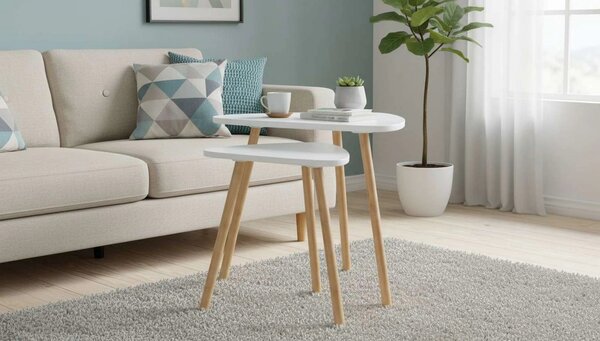 Set 2 masute cafea BISMAK, alb/stejar