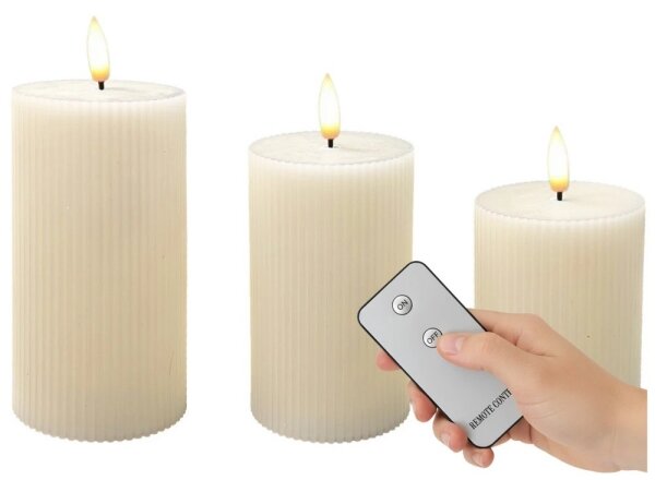 Set 3 lumânări LED BRILLO, crem, cu telecomandă, alimentare 3x AAA