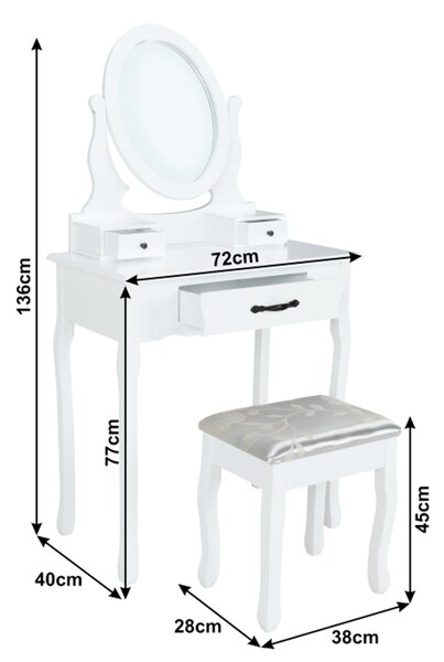 Masa de toaleta LINET NEW, alb/auriu, cu taburet si oglinda, 72x40x136