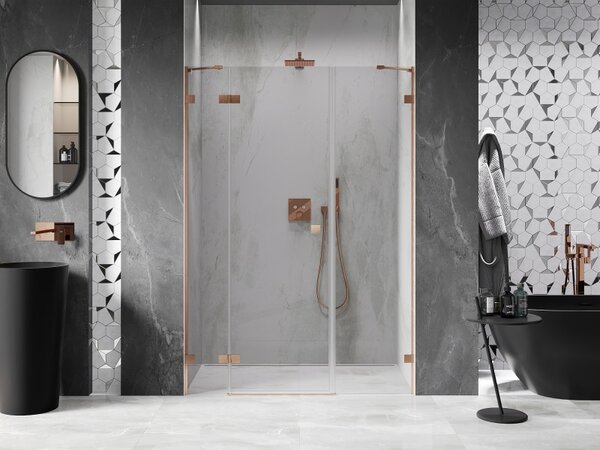 Ușă de duș Mexen Lunar, cu balamale pe stânga, 120 cm, sticlă transparentă de 8 mm, profil mat cupru, 834S-120-050-65-00-L