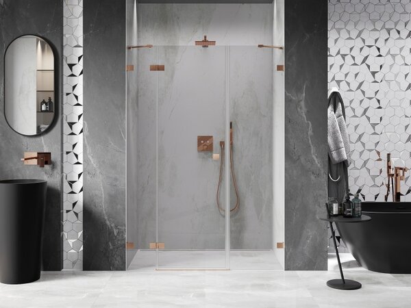 Ușă de duș Mexen Lunar, cu balamale pe stânga, 120 cm, sticlă transparentă de 8 mm, profil mat cupru, 834S-120-050-65-00-L