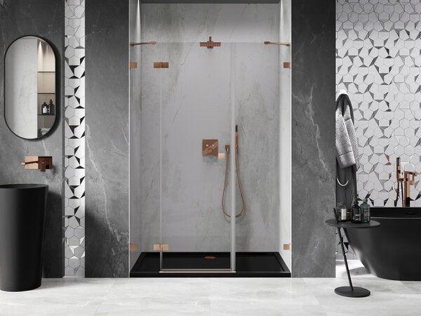 Ușă de duș Mexen Lunar, cu balamale pe stânga, 120 cm, sticlă transparentă de 8 mm, profil mat cupru, 834S-120-050-65-00-L