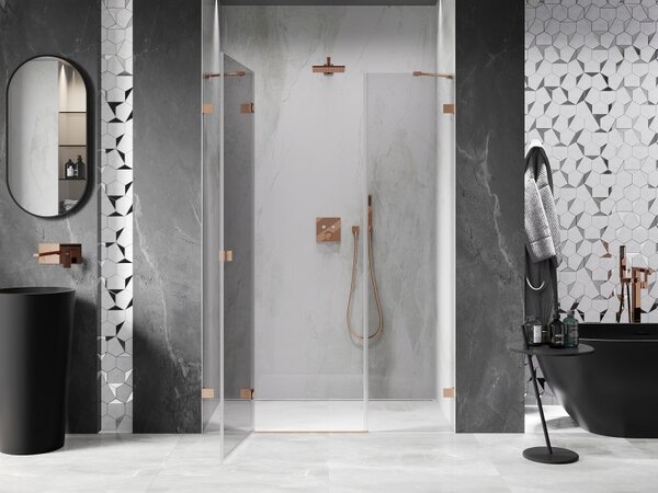 Ușă de duș Mexen Lunar, cu balamale pe stânga, 120 cm, sticlă transparentă de 8 mm, profil mat cupru, 834S-120-050-65-00-L