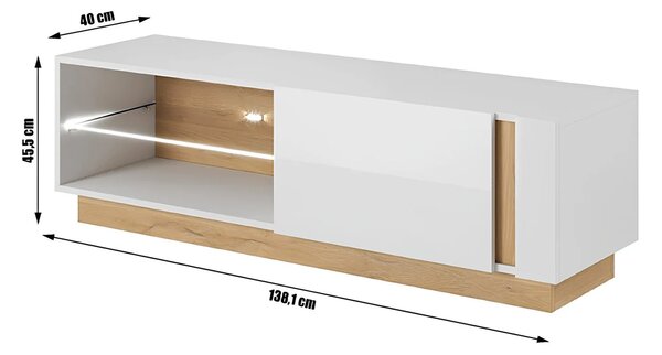 Comoda RTV CITY, stejar grandson/alb lucios, PAL melaminat, 138x40x46