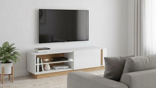 Comoda RTV CITY, stejar grandson/alb lucios, PAL melaminat, 138x40x46