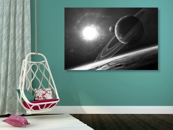 Tablou planeta în universul în design alb-negru