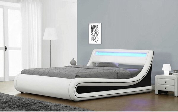 Pat MANILA NEW 160x200, alb/negru, PAL/piele ecologica, cu iluminare L
