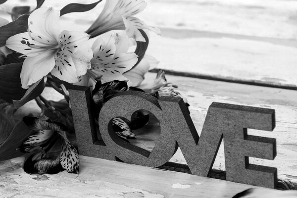 Tablou cu inscripție din lemn Love în design alb-negru