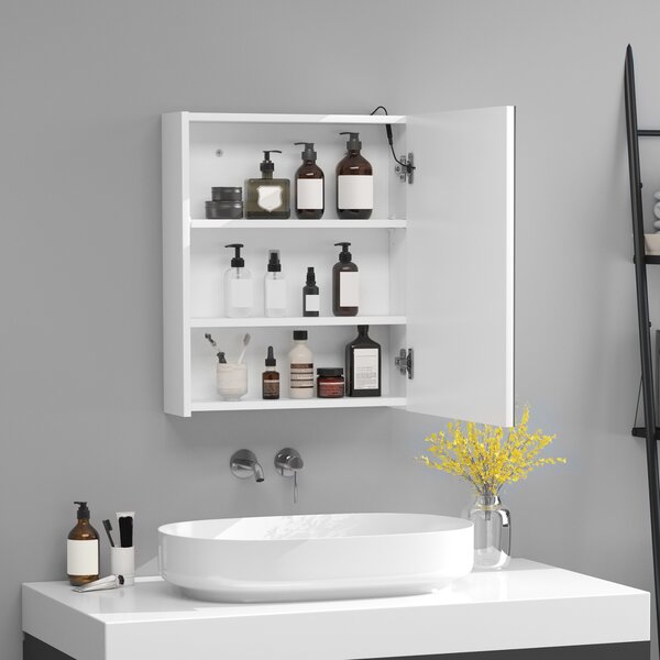 HOMCOM Dulap Baie cu 1 Usa Basculanta Oglinda si Lumini LED 60 x 50 x15cm | Aosom Romania