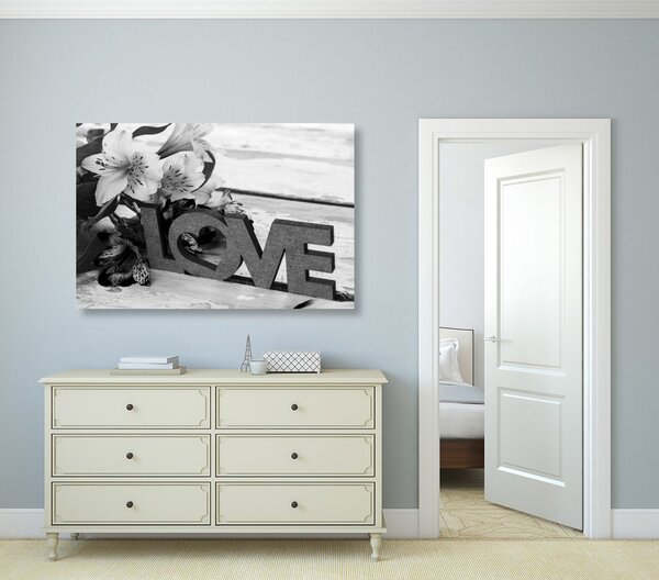 Tablou cu inscripție din lemn Love în design alb-negru