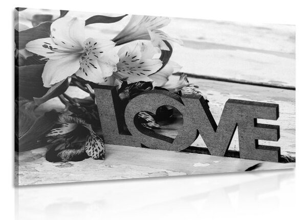 Tablou cu inscripție din lemn Love în design alb-negru