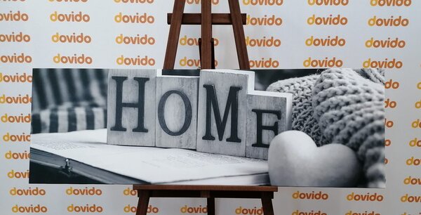 Tablou cu inscripție Home și natura moartă în design alb-ngru