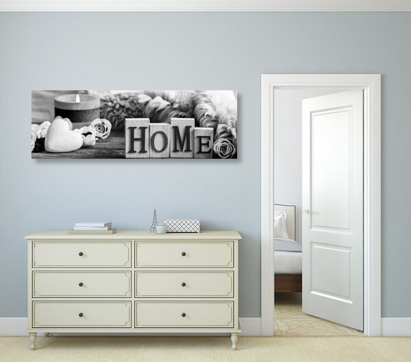 Tablou natura moartă cu inscripție Home în design alb-negru