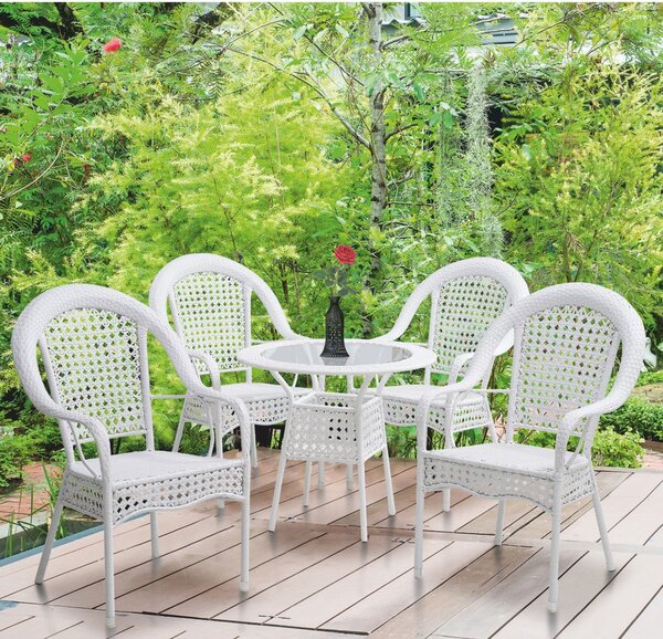 Set gradina KOVEN, alb, ratan sintetic/sticla temperata/otel, cu masut