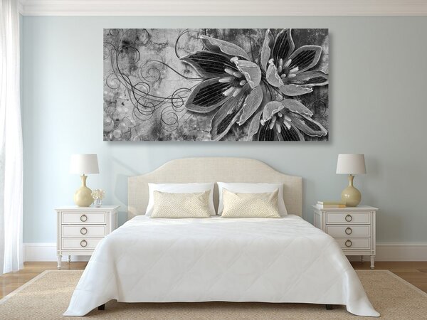 Tablou flori cu perle în design alb-negru