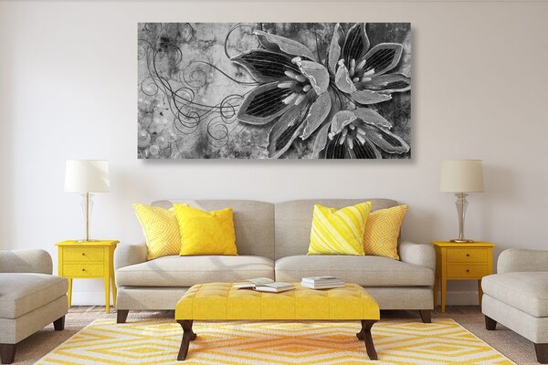 Tablou flori cu perle în design alb-negru