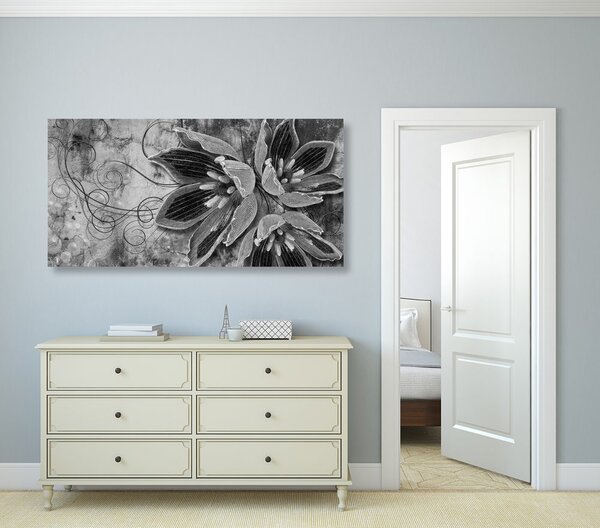 Tablou flori cu perle în design alb-negru