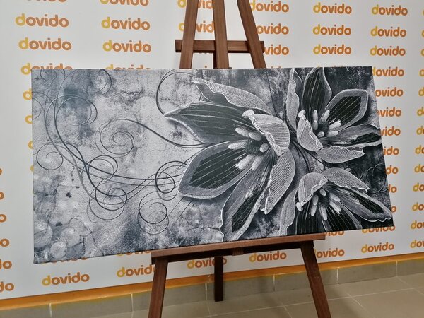 Tablou flori cu perle în design alb-negru