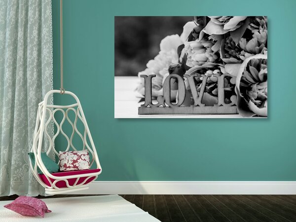 Tablou bujori cu inscripție Love în design alb-negru
