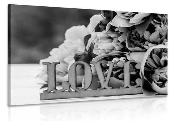 Tablou bujori cu inscripție Love în design alb-negru