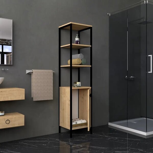 Dulap Charlie pentru baie culoare stejar si negru 162 cm
