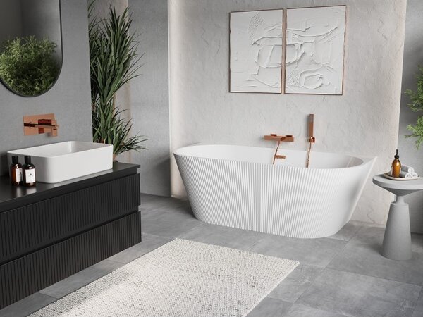 Cadă de baie independentă Mexen Oris cu caneluri 150 x 75 cm, alb lucios, preaplin auriu-roz, 52871507500-60