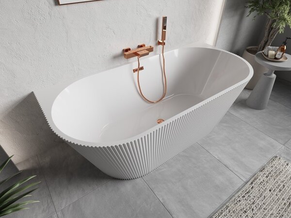 Cadă de baie independentă Mexen Oris cu caneluri 150 x 75 cm, alb lucios, preaplin auriu-roz, 52871507500-60