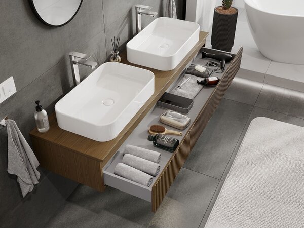 Mexen Rivel, mobilier de baie 160 cm cu blat, 1 sertar, canelat, nuc, 91A20-16023-1-BFC86