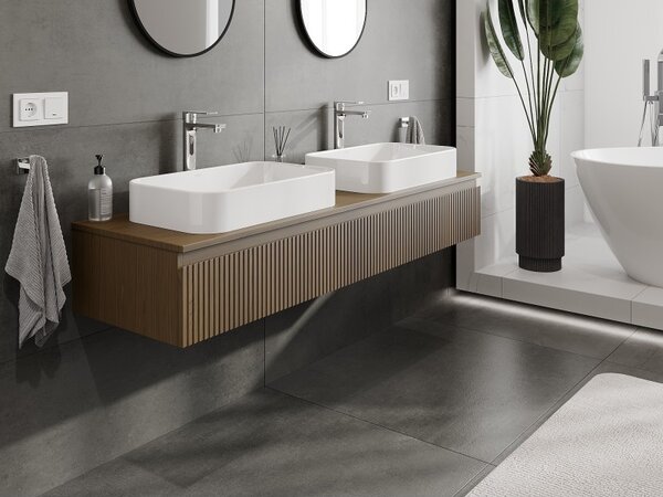 Mexen Rivel, mobilier de baie 160 cm cu blat, 1 sertar, canelat, nuc, 91A20-16023-1-BFC86