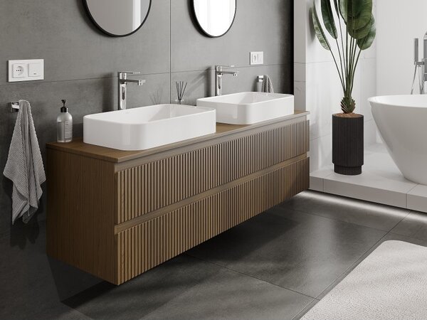Mexen Rivel, mobilier de baie 160 cm cu blat, 2 sertare, canelat, nuc, 91A20-16047-2-BFFC86