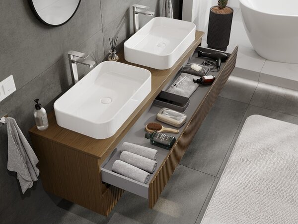 Mexen Rivel, mobilier de baie 160 cm cu blat, 2 sertare, canelat, nuc, 91A20-16047-2-BFFC86