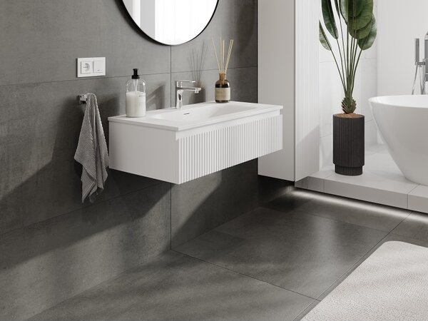 Mexen Rivel, mobilier baie 90 cm cu lavoar Vela, 1 sertar, canelat, alb mat, 91A20-09023-1-BF01-W23M01