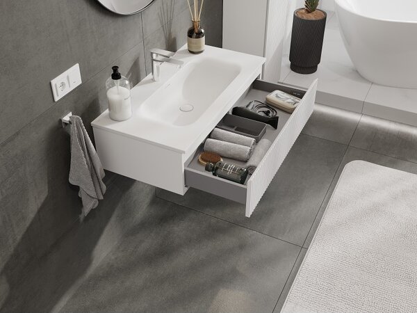 Mexen Rivel, mobilier baie 90 cm cu lavoar Vela, 1 sertar, canelat, alb mat, 91A20-09023-1-BF01-W23M01