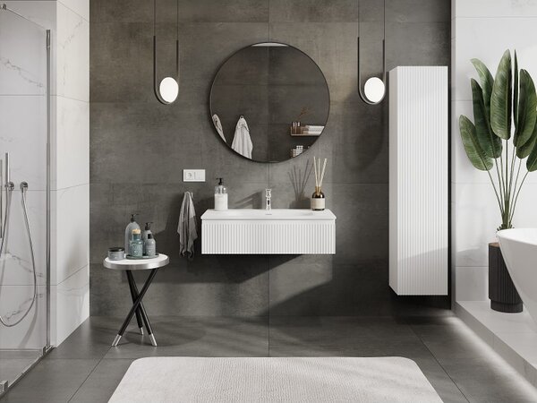 Mexen Rivel, mobilier baie 90 cm cu lavoar Vela, 1 sertar, canelat, alb mat, 91A20-09023-1-BF01-W23M01