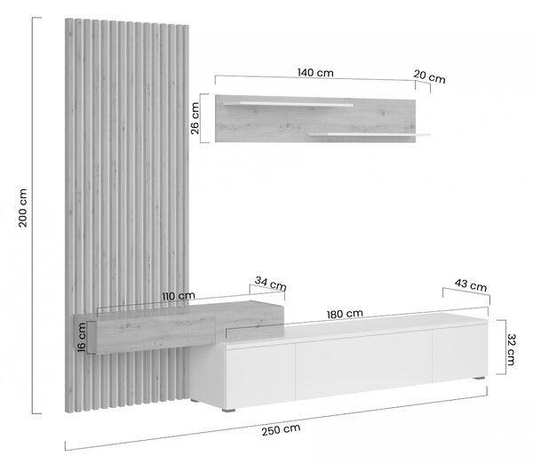 Bibliotecă modulară Lucimo 250 cm cu lamele – negru / stejar artisan