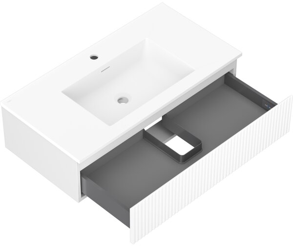 Mexen Rivel, mobilier de baie 90 cm cu lavoar Otis, 1 sertar, canelat, alb mat, 91A20-09023-1-BF01-W18M01