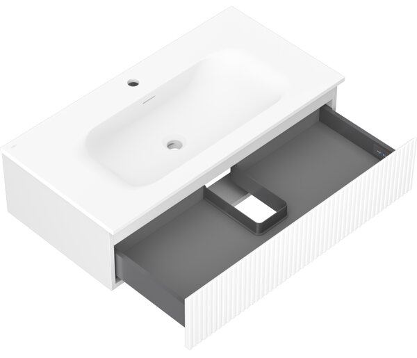 Mexen Rivel, mobilier baie 90 cm cu lavoar Vela, 1 sertar, canelat, alb mat, 91A20-09023-1-BF01-W23M01
